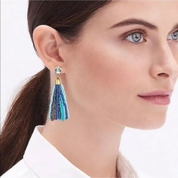 🆕 J.Crew  Seedbead Tassel Earrings Sundrenched Aqua Blue Multi-Color - Picture 1 of 4